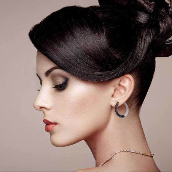 14K White Gold Sterling Silver and Diamond and Onyx Cubic Zirconia Hoop Earrings - Picture 3 of 6